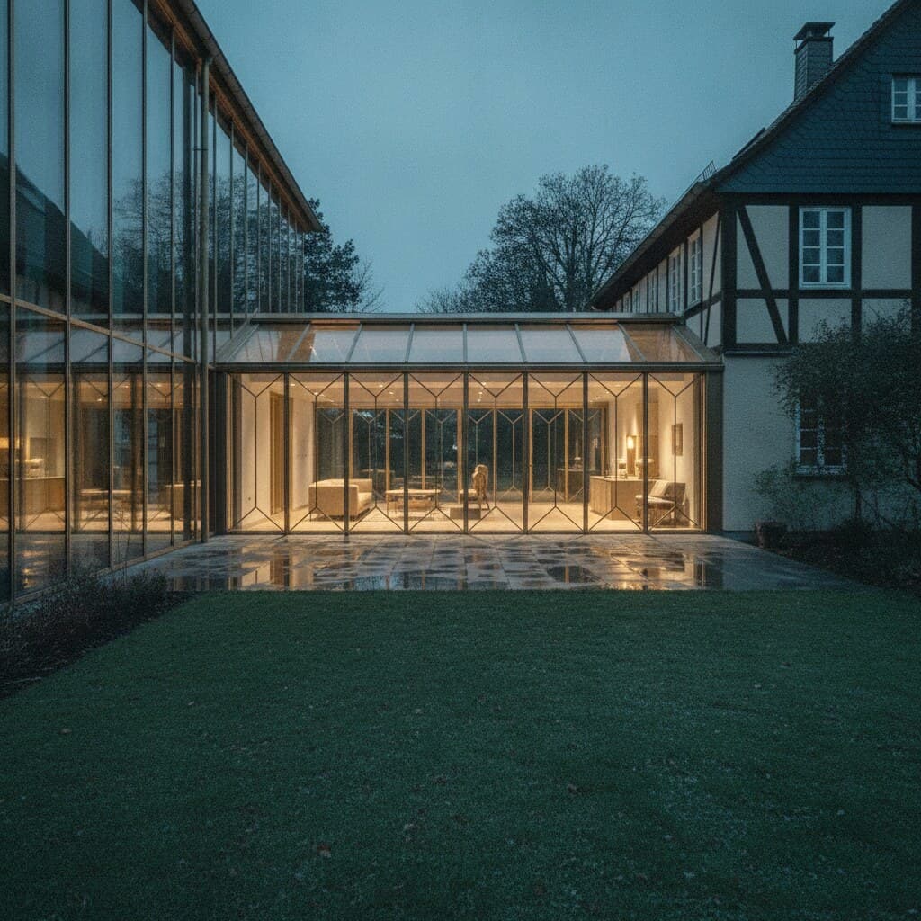 Wintergarten am Abend, von der Terrasse aus gesehen