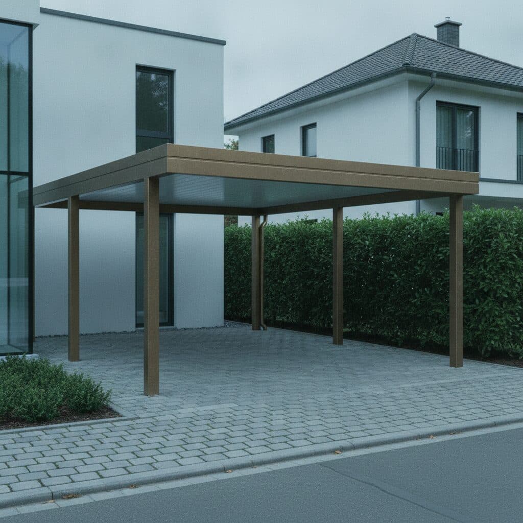 Aluminium-Carport mit Flachdach neben einem Wohnhaus