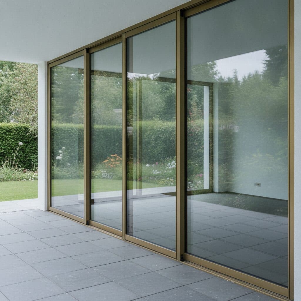 Rahmenlose Glas-Schiebewand als Windschutz an einer überdachten Terrasse