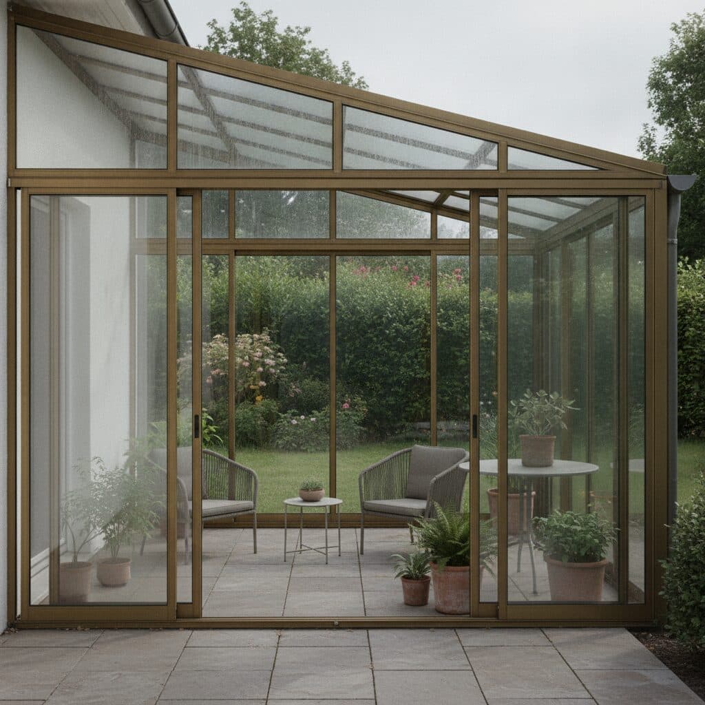 Kaltwintergarten mit rahmenlosen Glas-Schiebeelementen an einer Terrasse