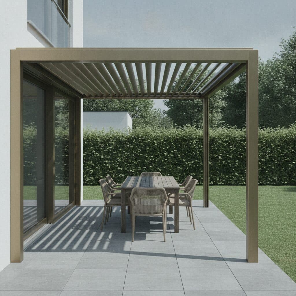 Lamellendach aus Aluminium über einer Terrasse, Lamellen halb geöffnet