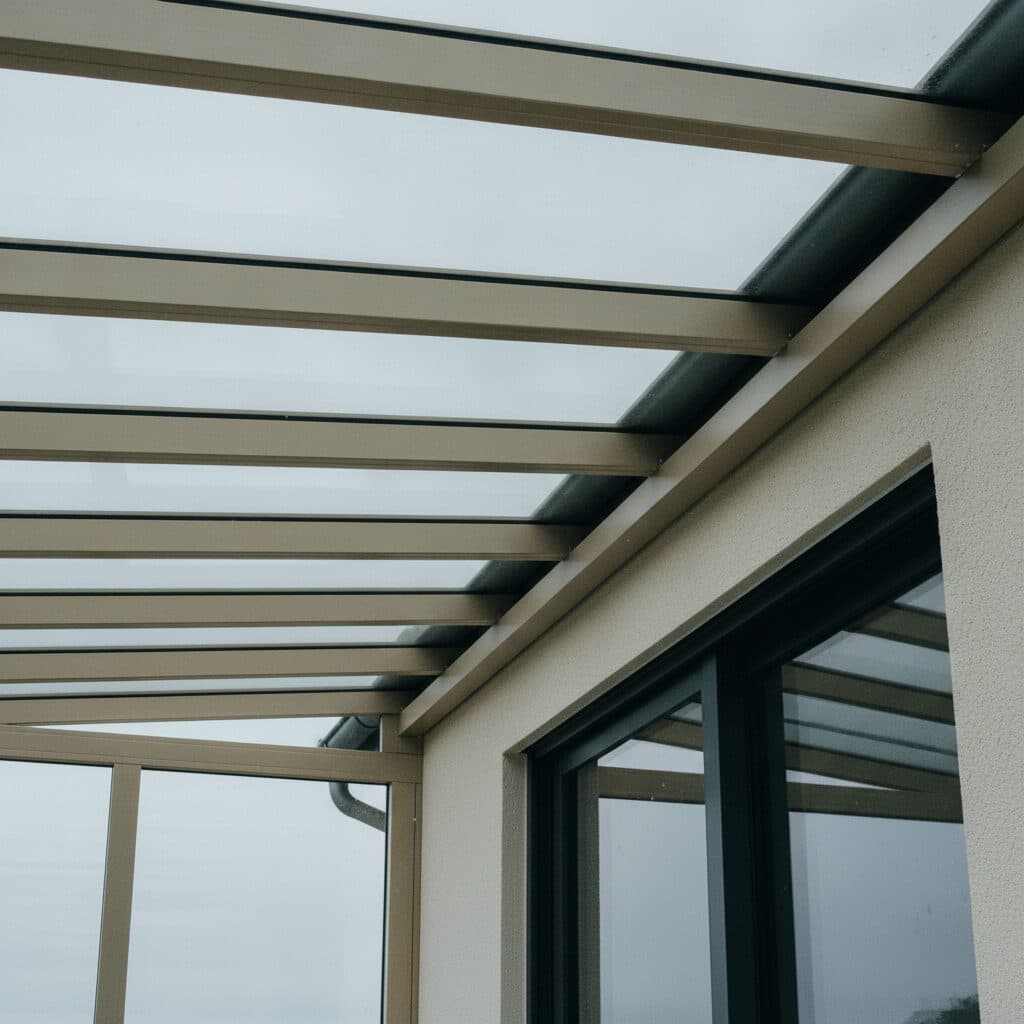Unteransicht einer Aluminium-Terrassenüberdachung mit Glasfeldern zwischen den Sparren