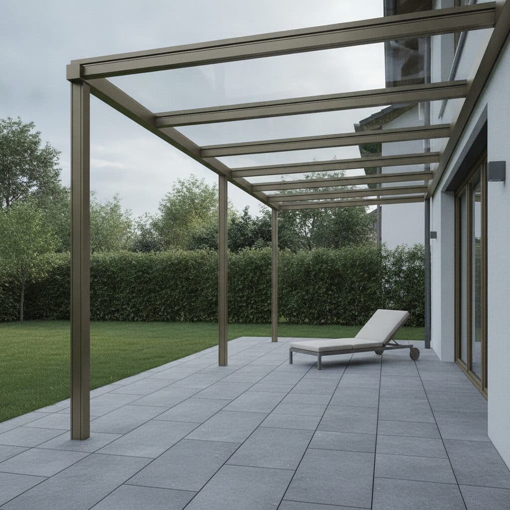 Terrassenüberdachung aus pulverbeschichtetem Aluminium mit Verbundsicherheitsglas an einem Einfamilienhaus