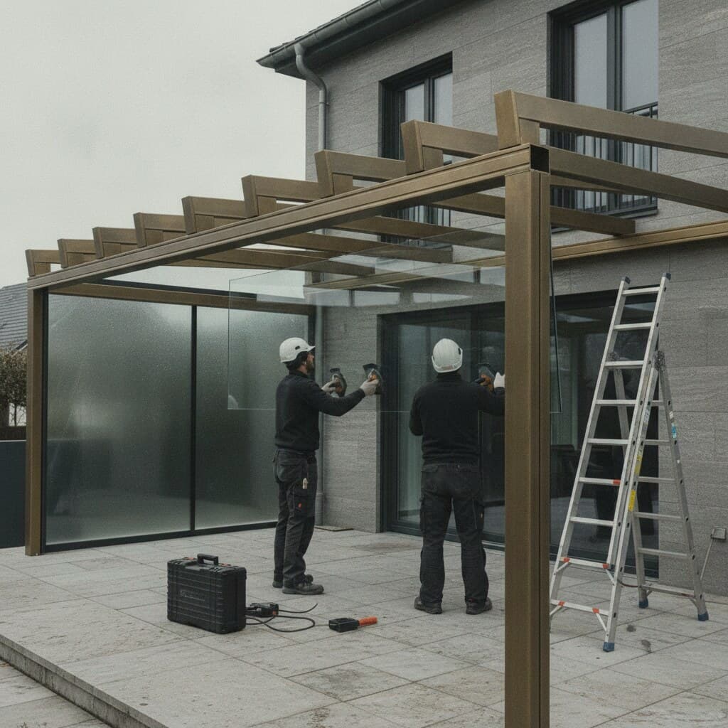 Zwei Monteure setzen eine Glasscheibe auf ein Aluminiumtragwerk
