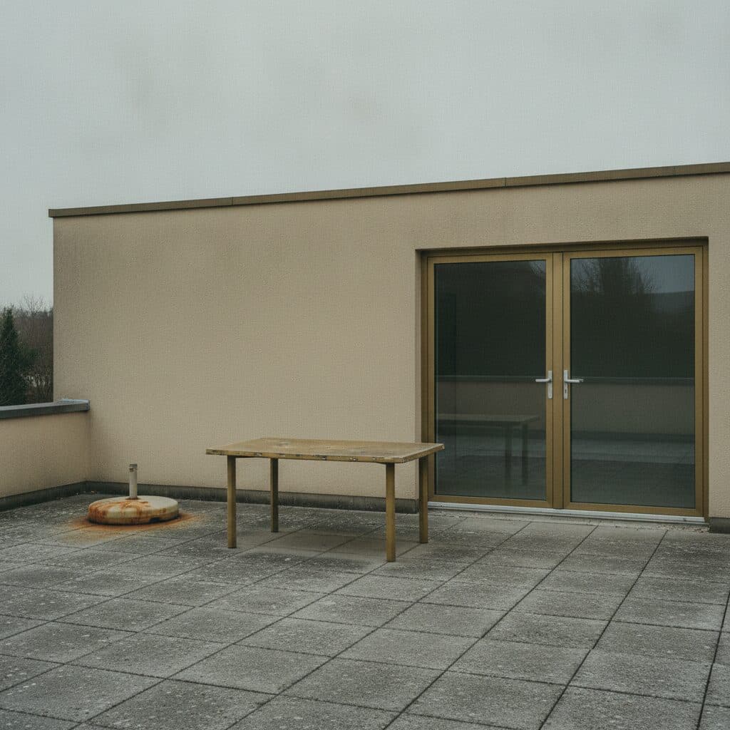 Vorher: Nackte Betonterrasse wird Freisitz, Frankfurt-Unterliederbach
